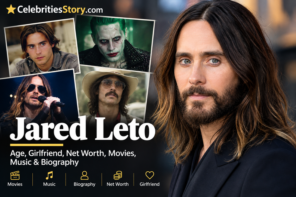Jared Leto biography featuring his movies, music career, age, girlfriend, net worth, and personal life, with CelebritiesStory.com branding.