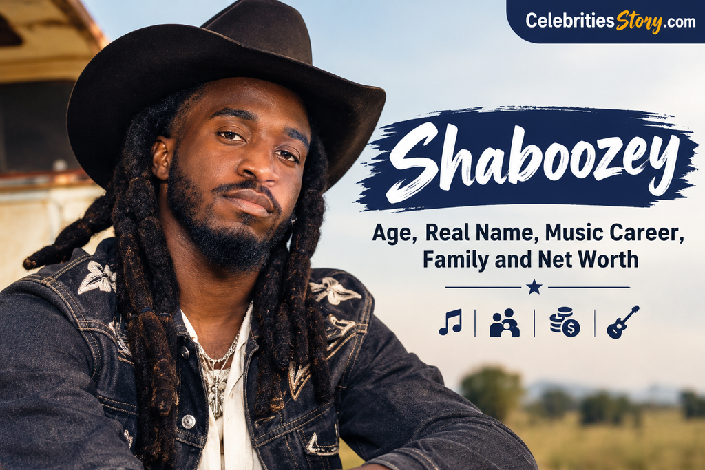 Shaboozey wearing a cowboy hat and denim jacket, with the title “Shaboozey: Age, Real Name, Music Career, Family and Net Worth” and CelebritiesStory.com branding in the top-right corner.