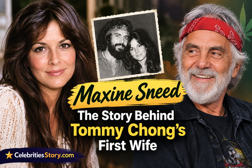 Maxine Sneed and Tommy Chong featured in a celebrity biography thumbnail titled “The Story Behind Tommy Chong’s First Wife,” with CelebritiesStory.com branding in the bottom-left corner.